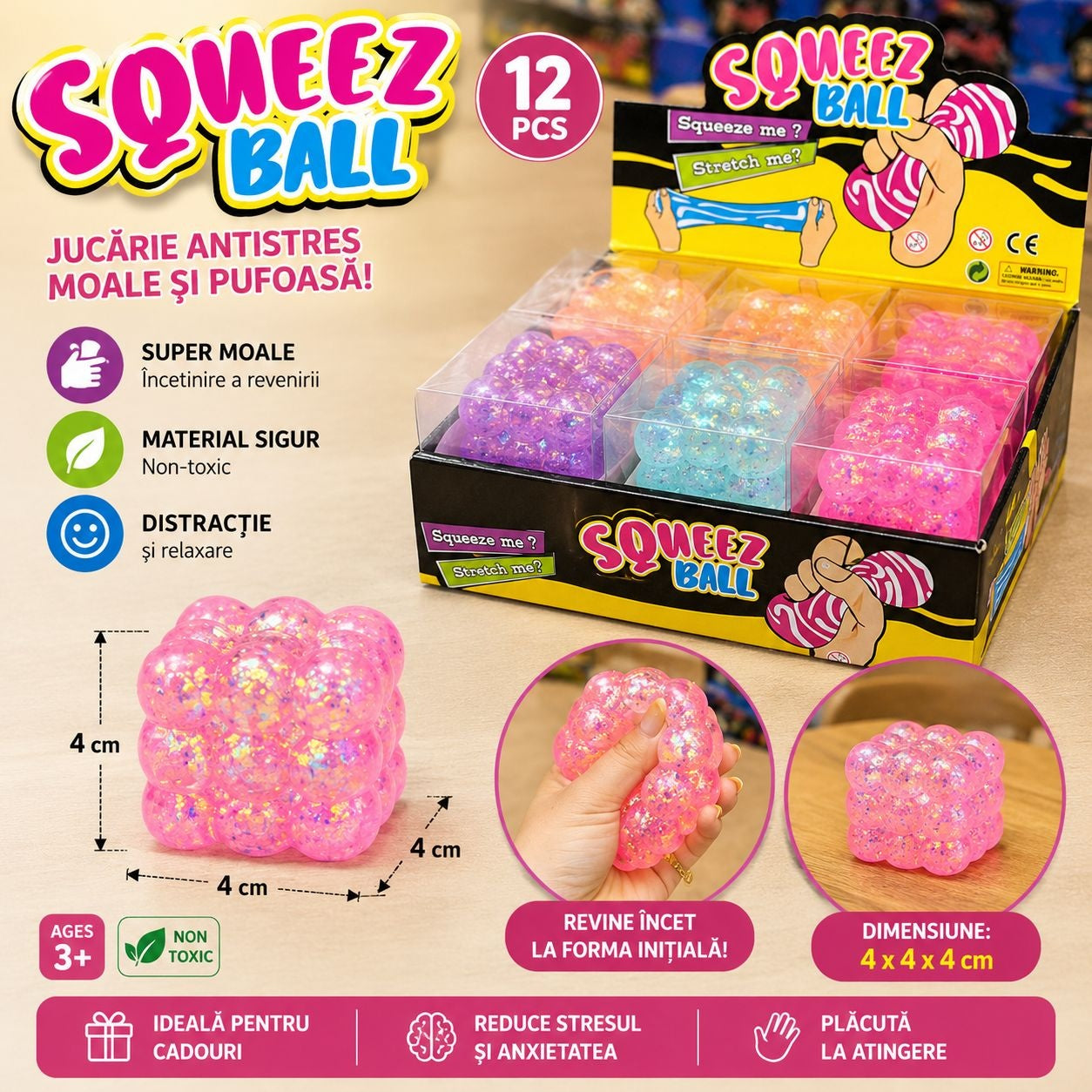 Jucărie Antistres Cub Squishy Bubble cu Sclipici, 4x4x4 cm, Moale și Elastică, Culori Asortate