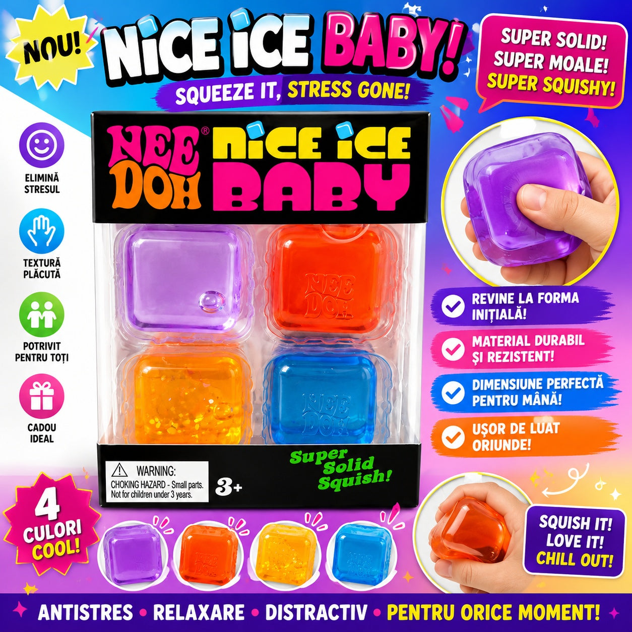 Jucarie antistres cub transparent, 4 bucati, textura moale, culori mixte, super squish 3+