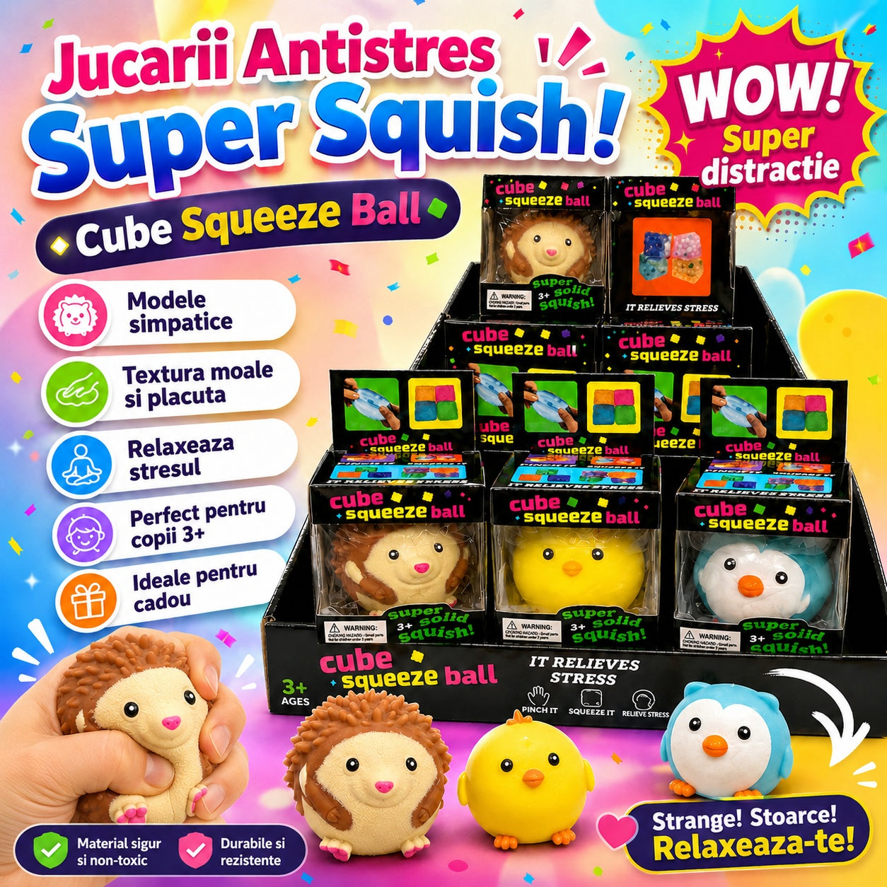 Jucarie antistres Cube Squeeze Ball, modele simpatice, textura moale, super squish, 3+