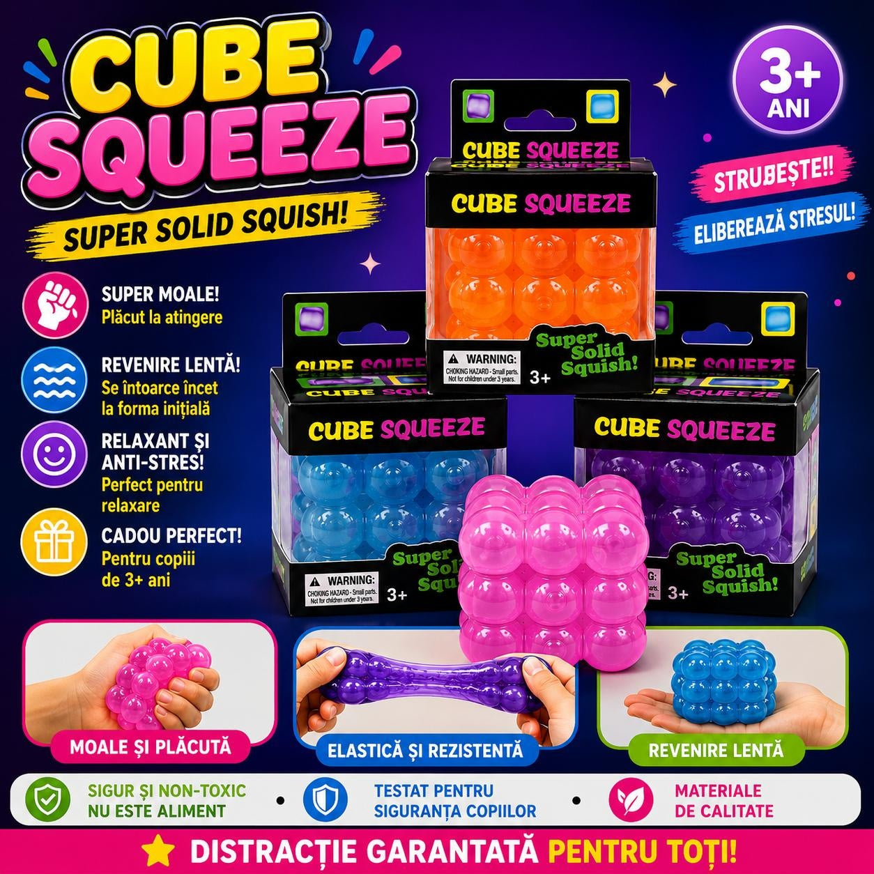Jucarie antistres Cube Squeeze Bubble 5.5cm, moale si elastica, culori aleatorii