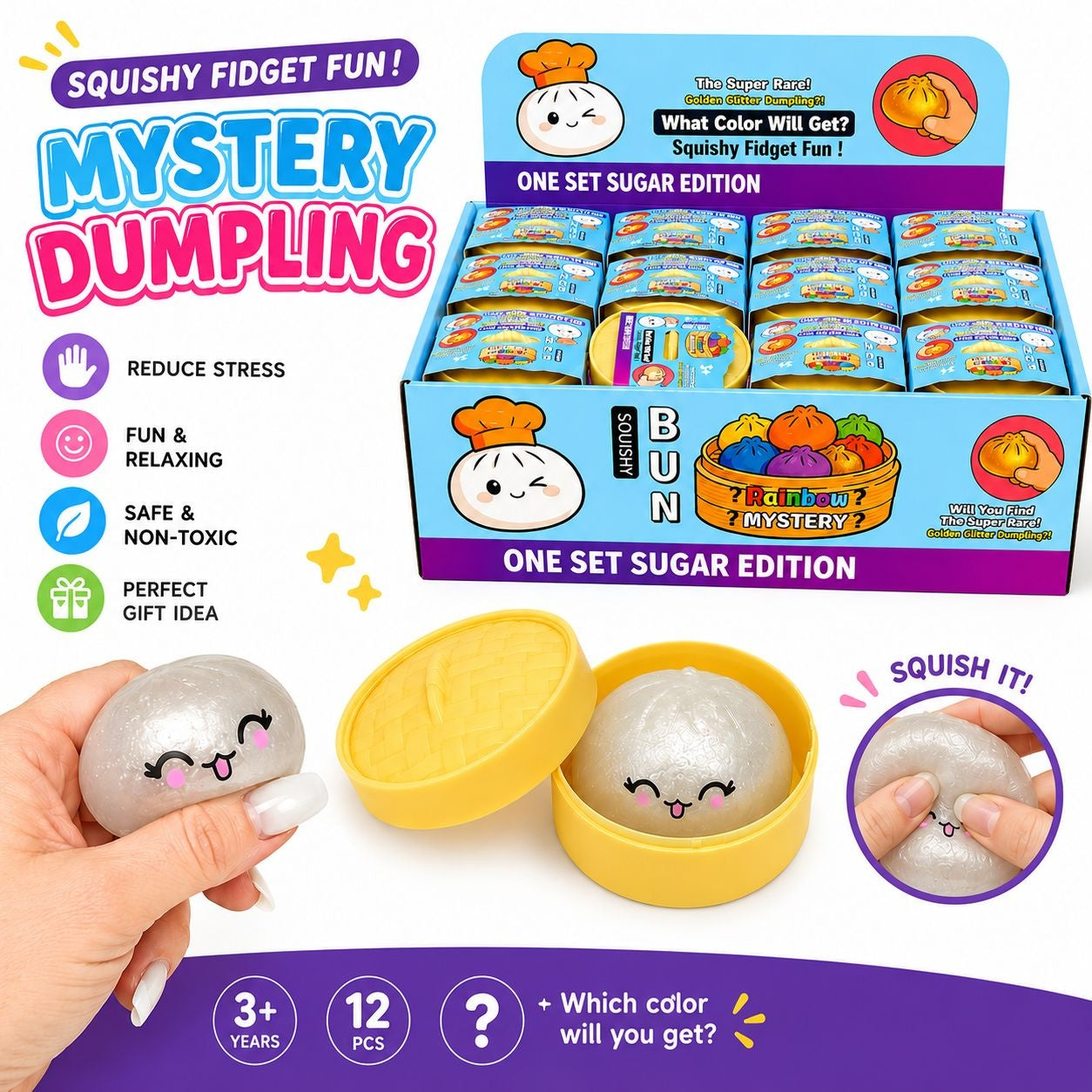 Jucărie Antistres Dumpling cu Sclipici si bile de gel 5.5 cm – Mini Squishy Glitter în Cutie
