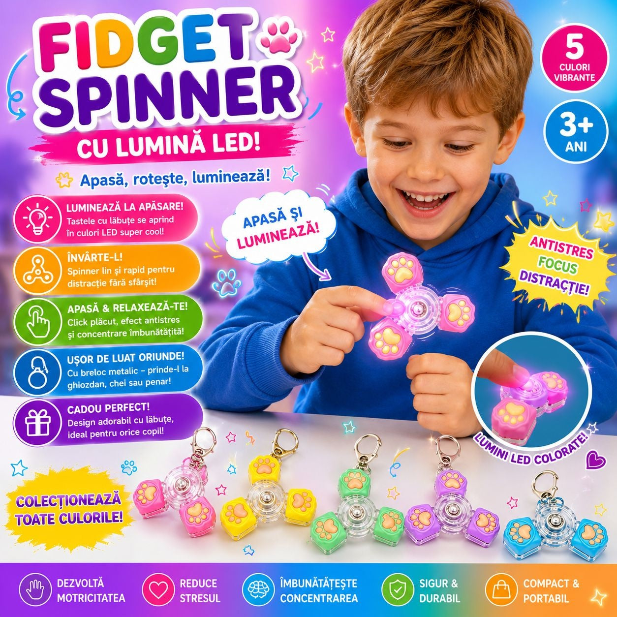 Jucărie Antistres Fidget Spinner cu 3 Taste și Lumini LED – Breloc Sensorial cu Lăbuțe Luminoase