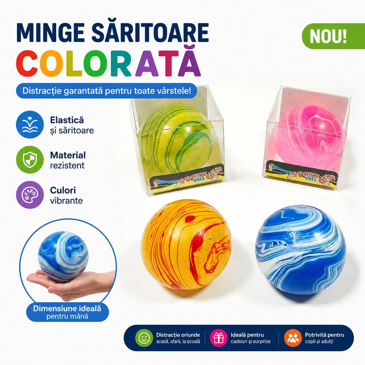Jucărie Antistres Minge Săritoare Colorată, Elastică și Rezistentă