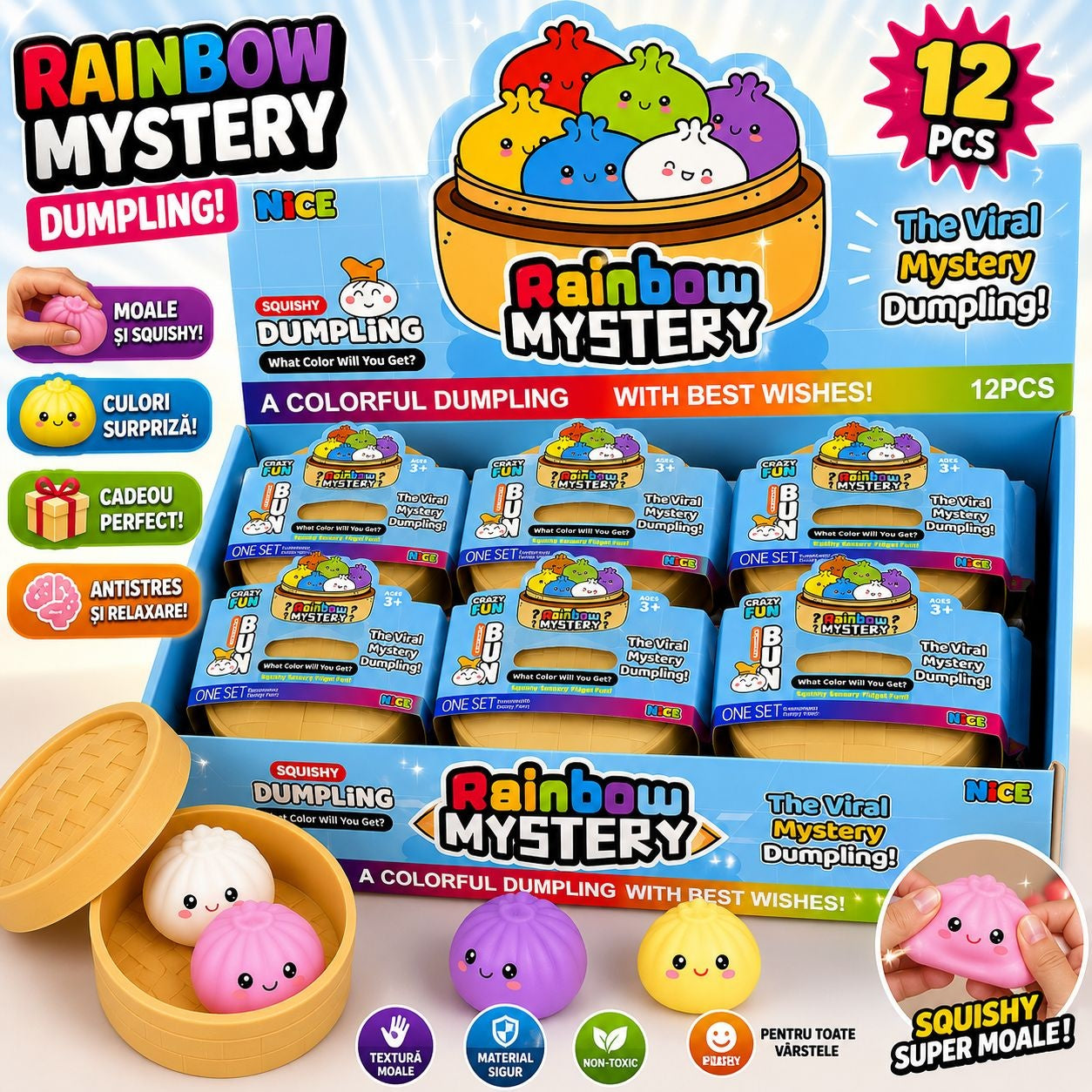 Jucărie Antistres Mini Dumpling Squishy, Set 3 Bucăți, Model și Culori Aleatorii, Jucărie Senzorială