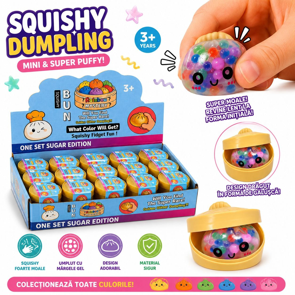 Jucărie Antistres Mini Squishy Dumpling cu Bile Gel si Lumini 5cm – Squishy Moale în Formă de Gălușcă,