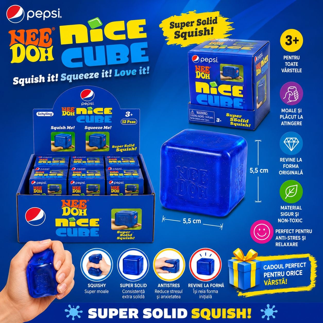 Jucărie Antistres NeeDoh Nice Cube Albastru – Cub Squishy