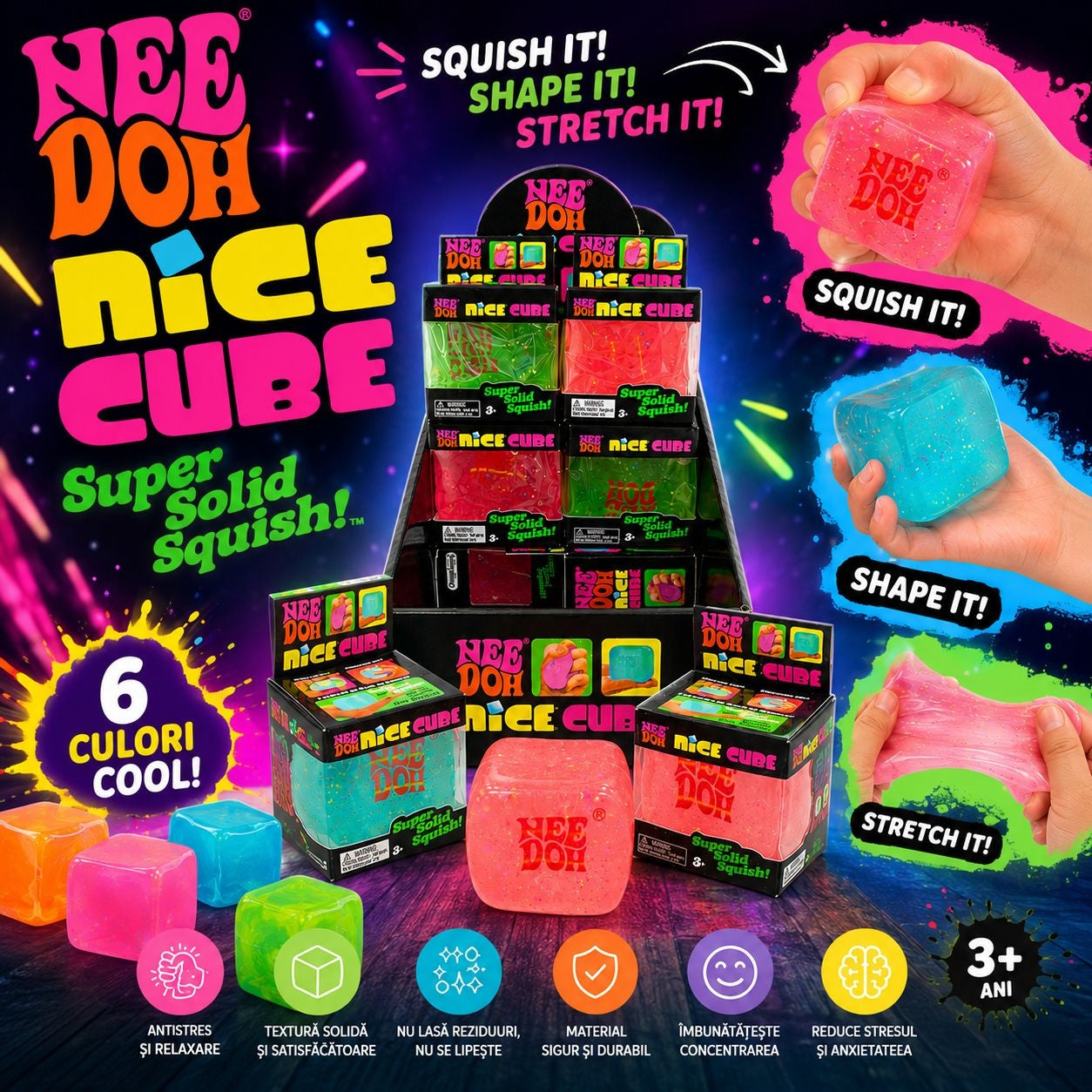 Jucărie Antistres NeeDoh Nice Cube Fosforescent – Cub Squishy Elastic care Strălucește în Întuneric