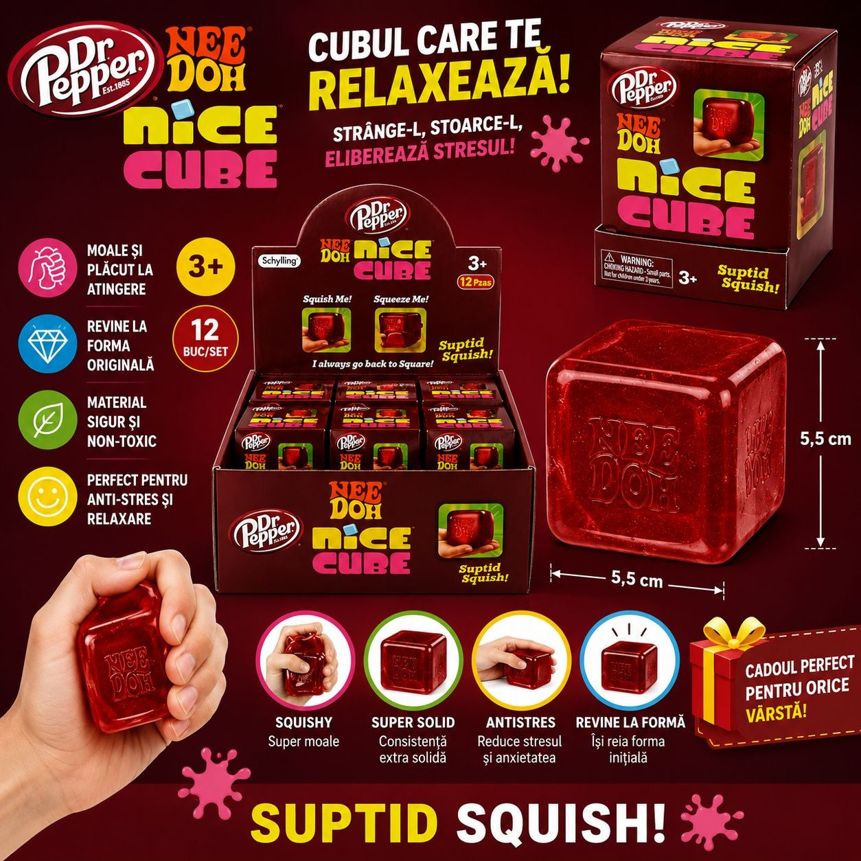 Jucărie Antistres NeeDoh Nice Cube Roșu – Cub Squishy
