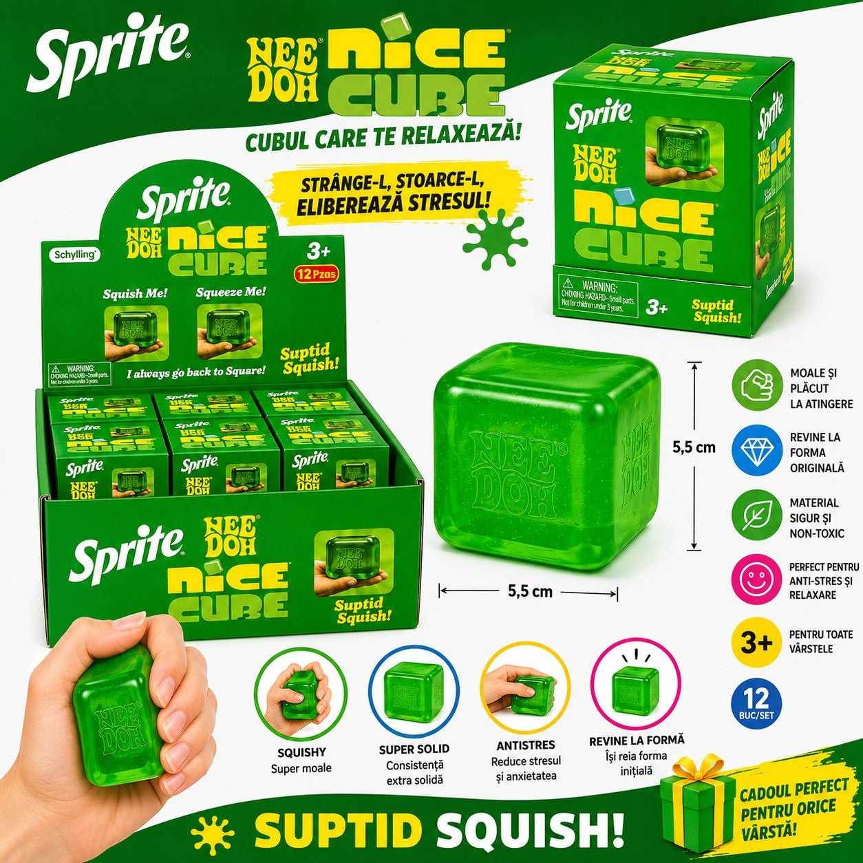Jucărie Antistres NeeDoh Nice Cube Verde – Cub Squishy