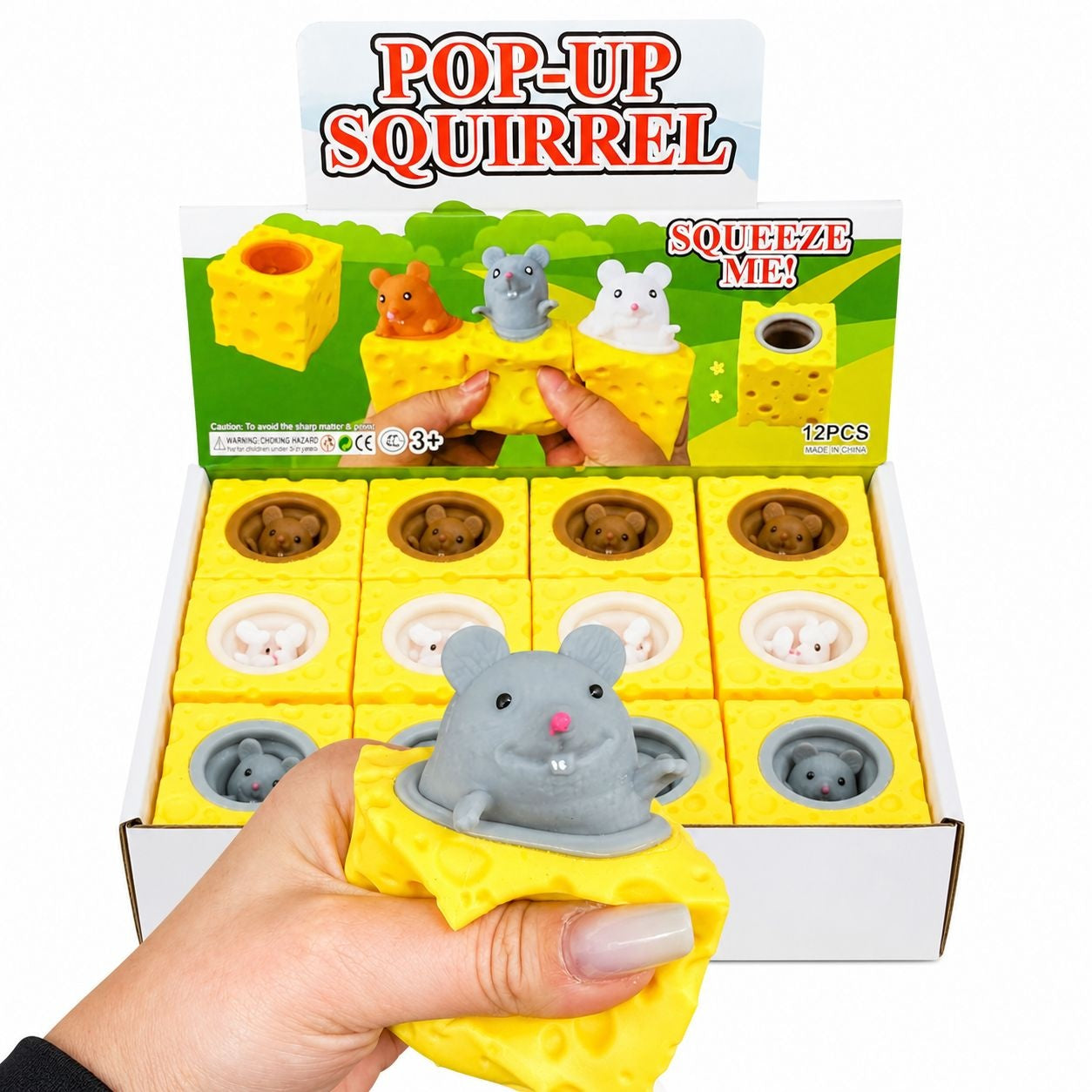 Jucărie Antistres Pop-Up Șoricel în Cașcaval 5cm– Squishy Squeeze Toy pentru Copii