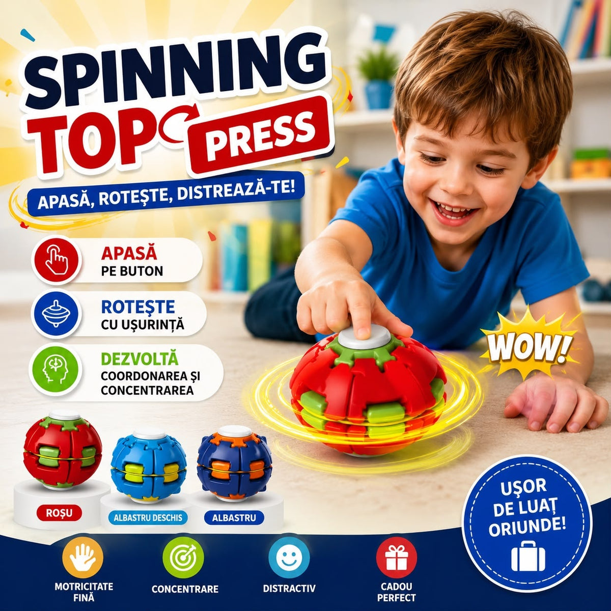 Jucărie Antistres Spinner cu Buton, Rotire Rapidă, Fidget Toy pentru Copii, Culori Diverse, Model Aleatoriu