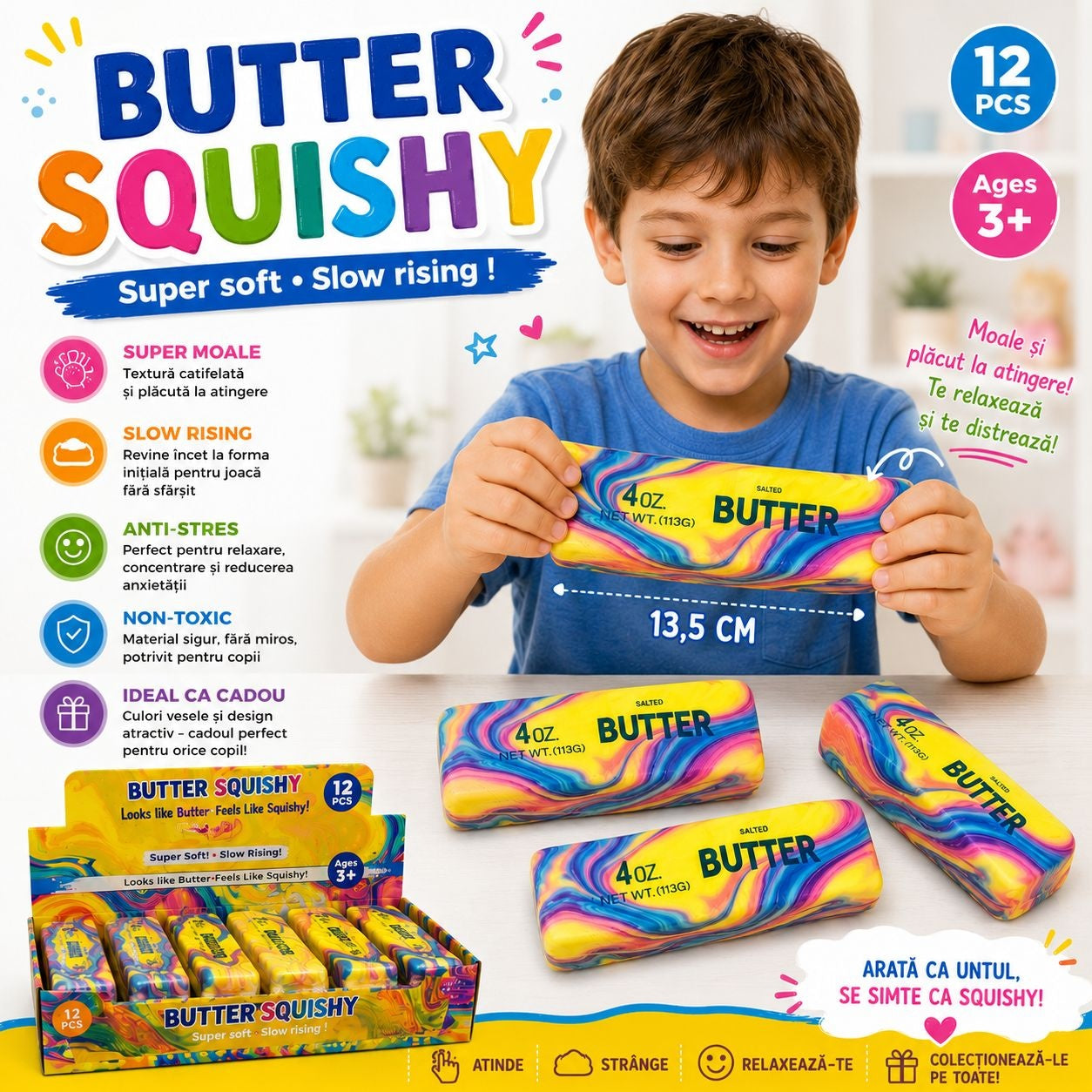 Jucărie Antistres Squishy Butter Marble 13 cm – Model Unt Colorat, Moale și Elastic