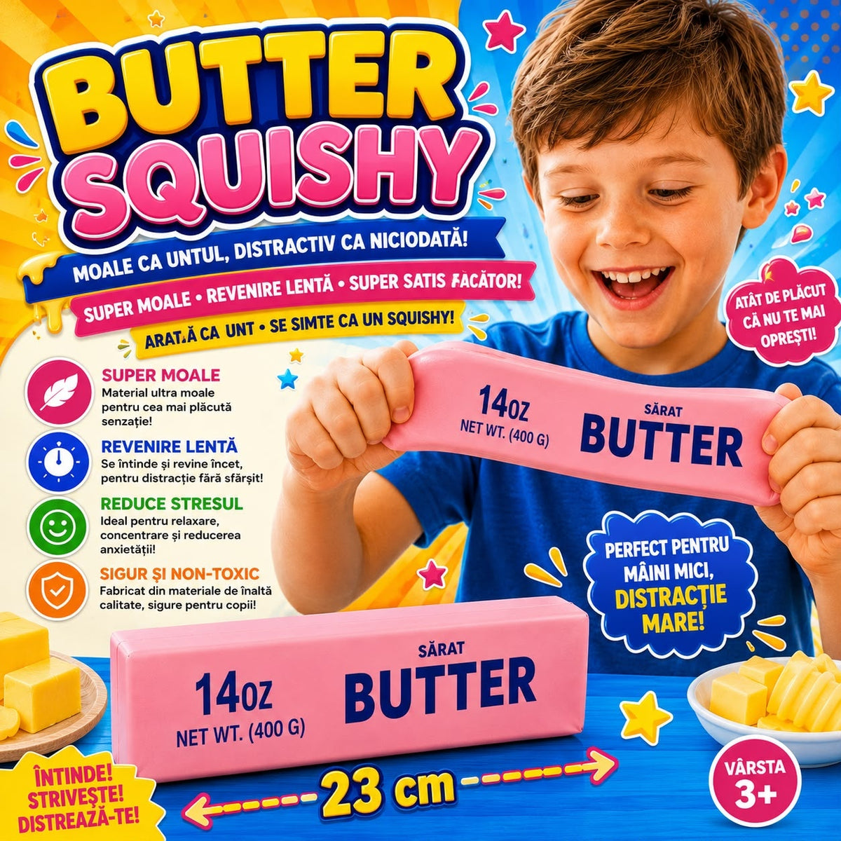 Jucărie Antistres Squishy Butter Roz Slow Rising, 23 x 5 cm, Super Moale și Elastică