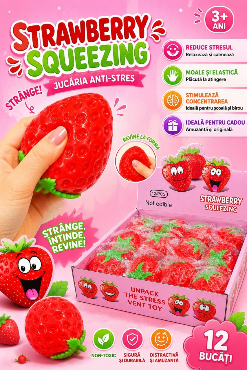 Jucărie Antistres Squishy Căpșună 7cm – Fidget Toy Moale și Elastic pentru Relaxare, Reducerea Stresului