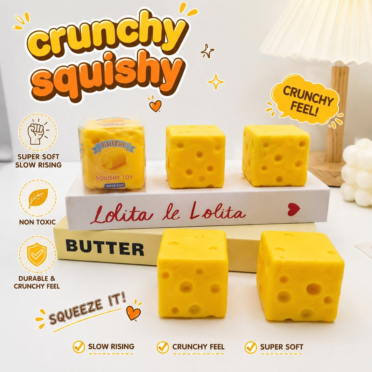 Jucărie Antistres Squishy Cașcaval Crunchy, Moale și Elastică, Textură Crunchy, Model Brânză