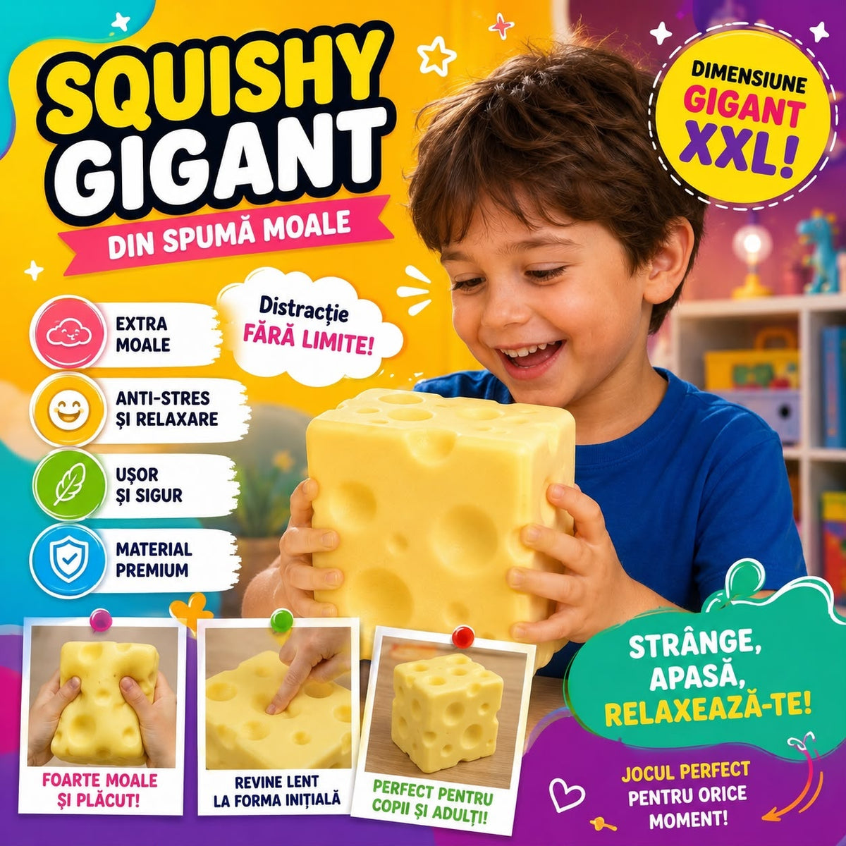 Jucărie Antistres Squishy Cașcaval Gigant XXL, 10 cm, din Spumă Moale – Slow Rising