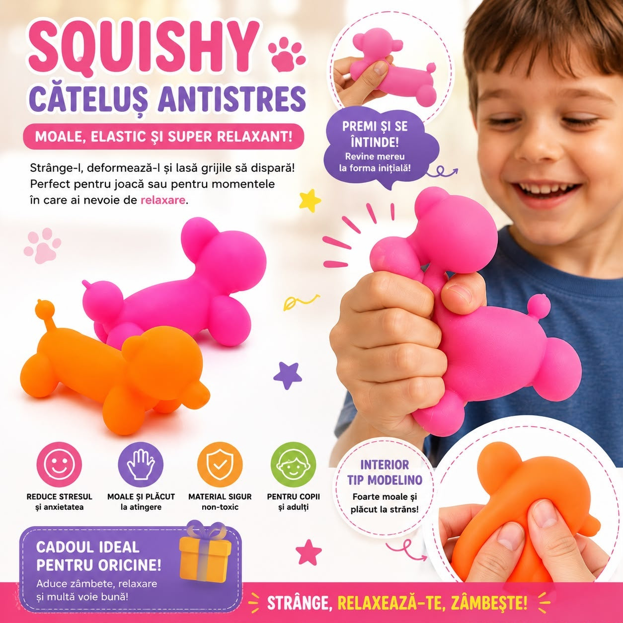Jucărie Antistres Squishy Cățeluș Tip Modelino, Elastică, Culoare Aleatorie, 3+ Ani