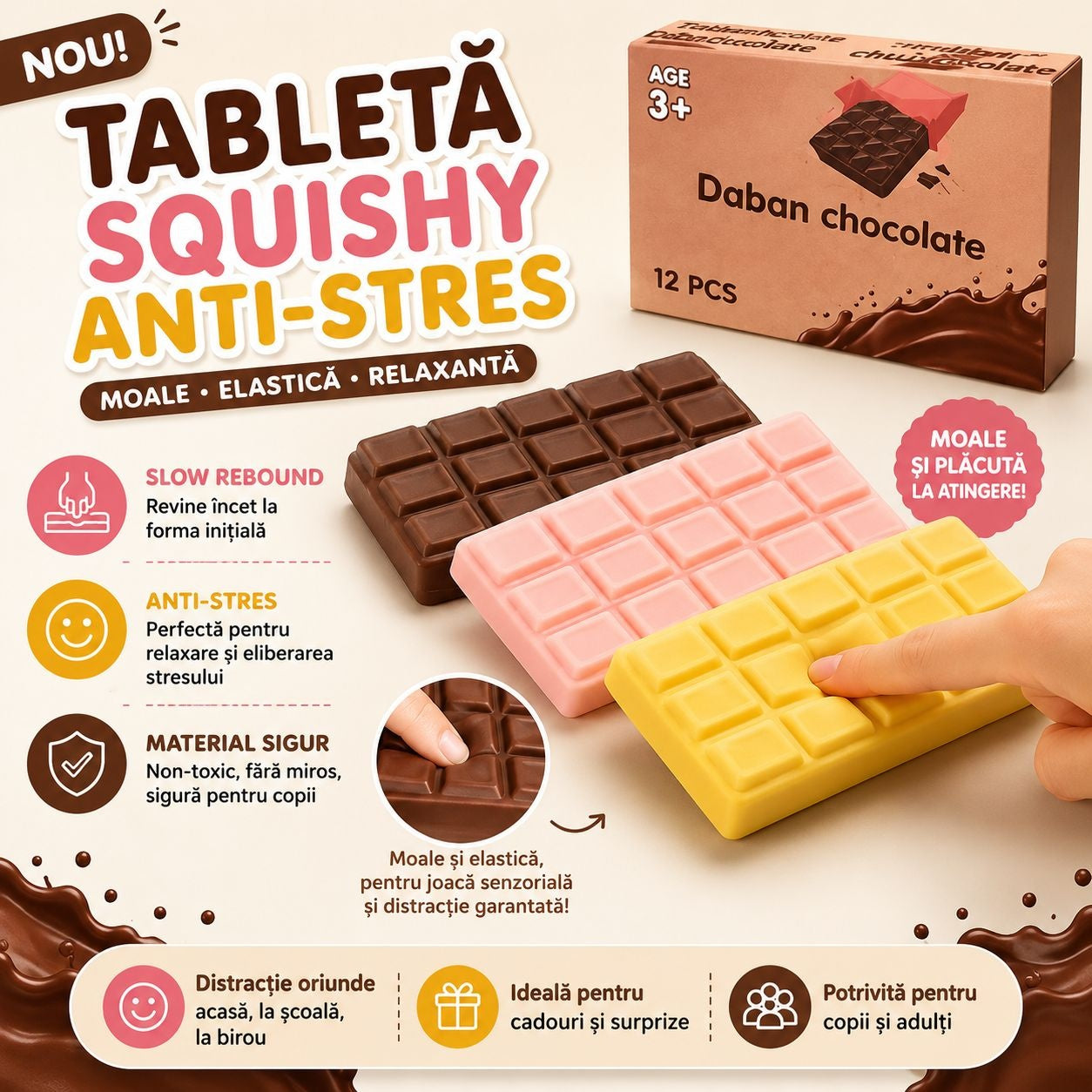 Jucărie Antistres Squishy Ciocolată, Slow Rebound, Moale și Elastică, Tabletă Ciocolată Senzorială