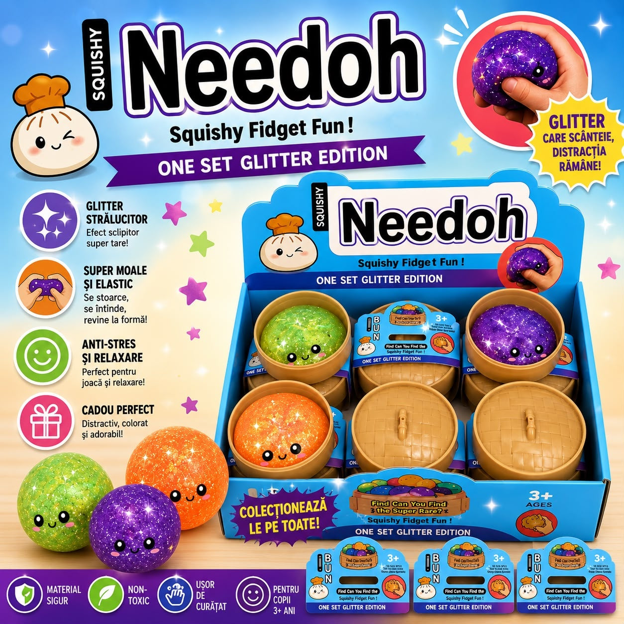 Jucărie Antistres Squishy cu Sclipici 8.5 cm , tip Needoh– Minge Elastică Glitter, Model Aleatoriu