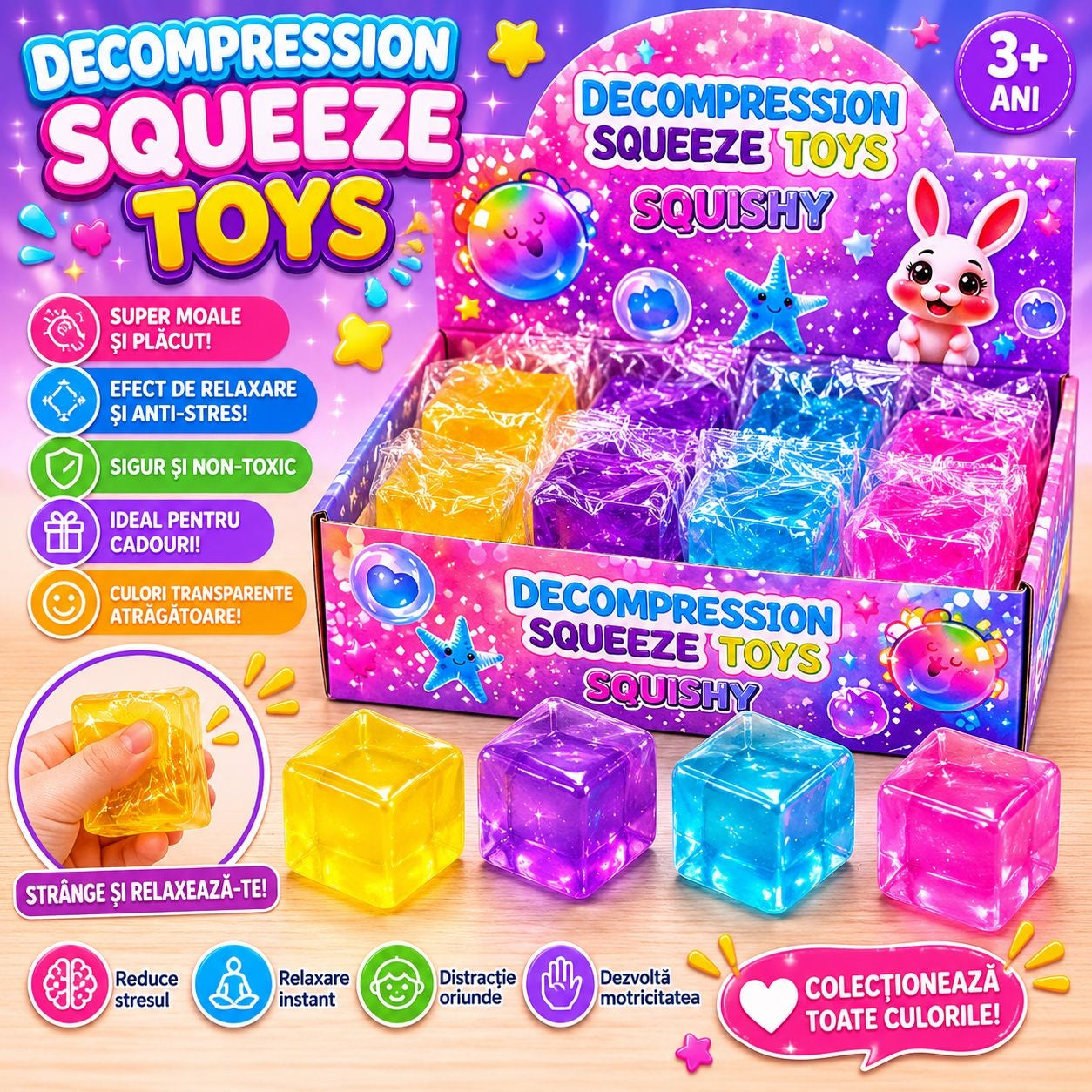 Jucărie Antistres Squishy Cub Colorat, 4cm – Cub Elastic și Moale pentru Relaxare, 3+ Ani