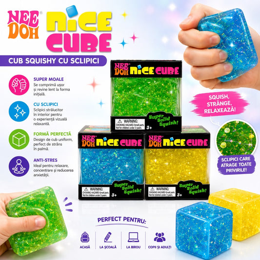 Jucărie Antistres Squishy Cub cu Sclipici Nice Cube, Model Aleatoriu, Elastic și Relaxant