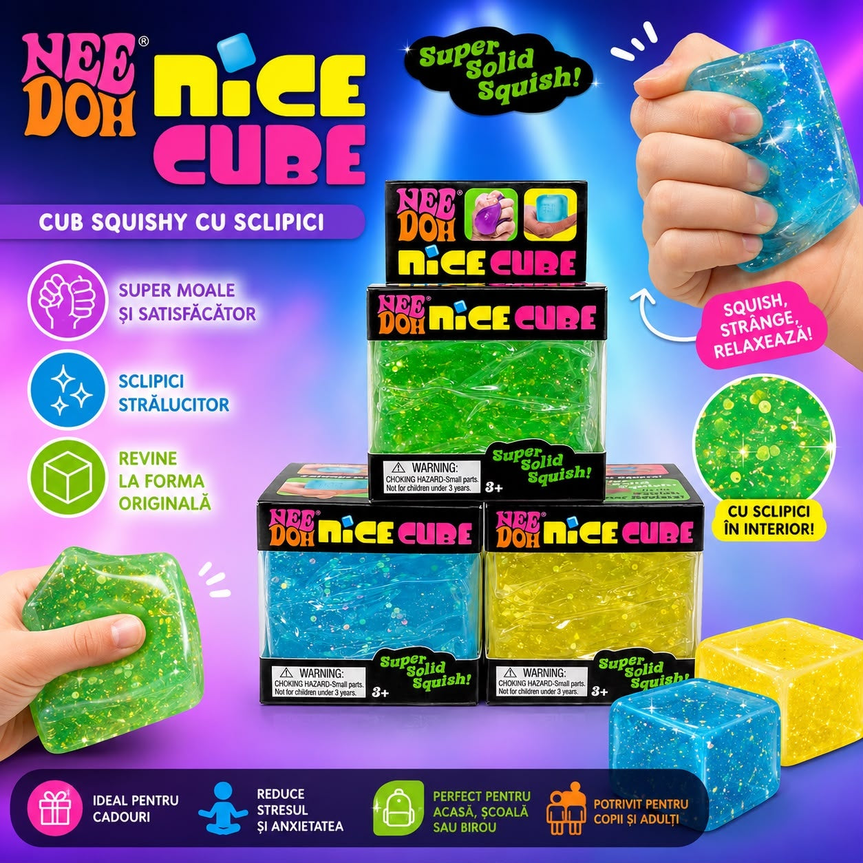 Jucărie Antistres Squishy Cub cu Sclipici Nice Cube, Model Aleatoriu, Elastic și Relaxant