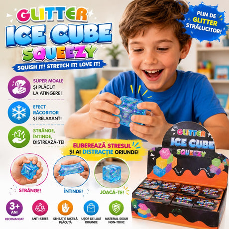 Jucărie Antistres Squishy Cub cu Sclipici Reflectorizant – Cube Squeeze, Moale, Elastică, Fidget Toy, 6 cm