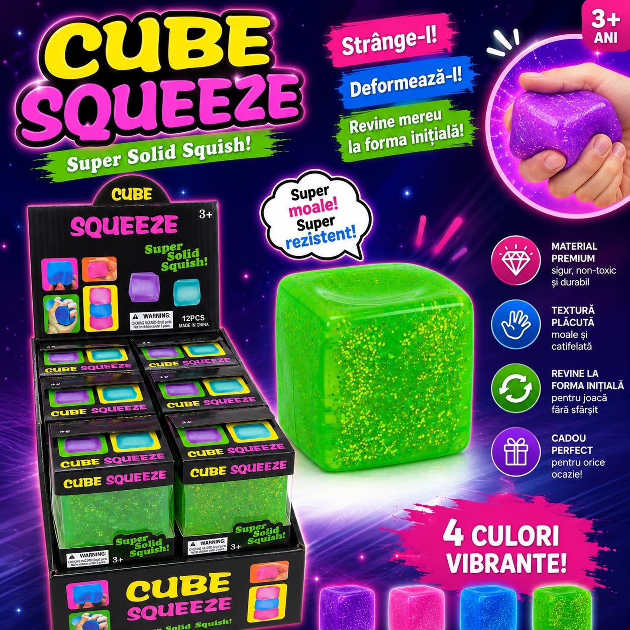 Jucărie Antistres Squishy Cub cu Sclipici, Super Moale, Slow Rising, Culoare Aleatorie, 3+ Ani