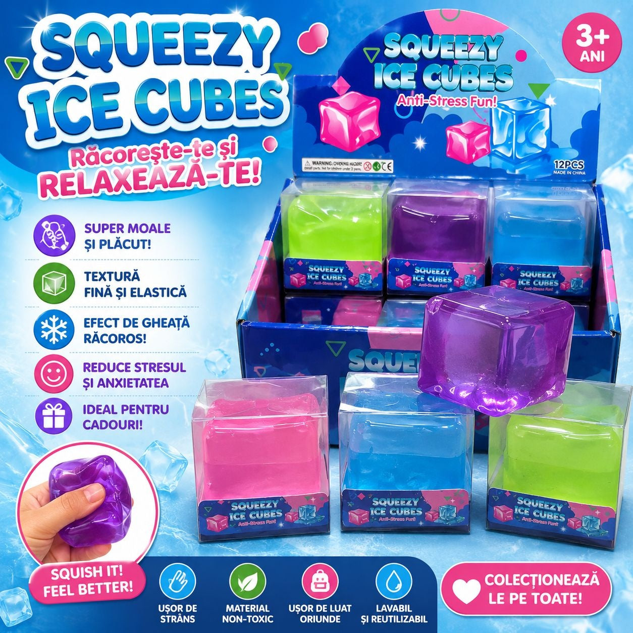 Jucărie Antistres Squishy Cub de Gheață 4cm – Cub Gel Elastic , Relaxare și Distracție, 3+ Ani