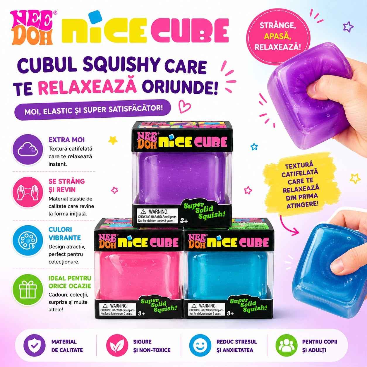 Jucărie Antistres Squishy Cub Nice Cube, Model Aleatoriu, Moale și Elastică