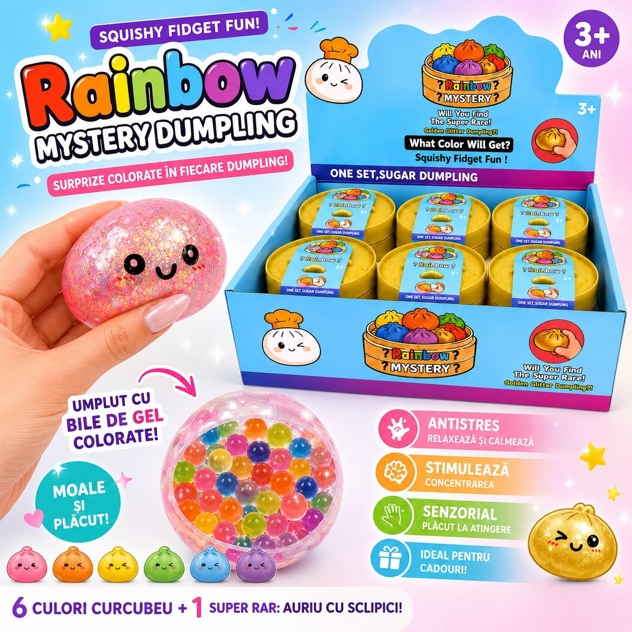 Jucărie Antistres Squishy Dumpling 8,5cm cu Sclipici și Bile din Gel Multicolore,