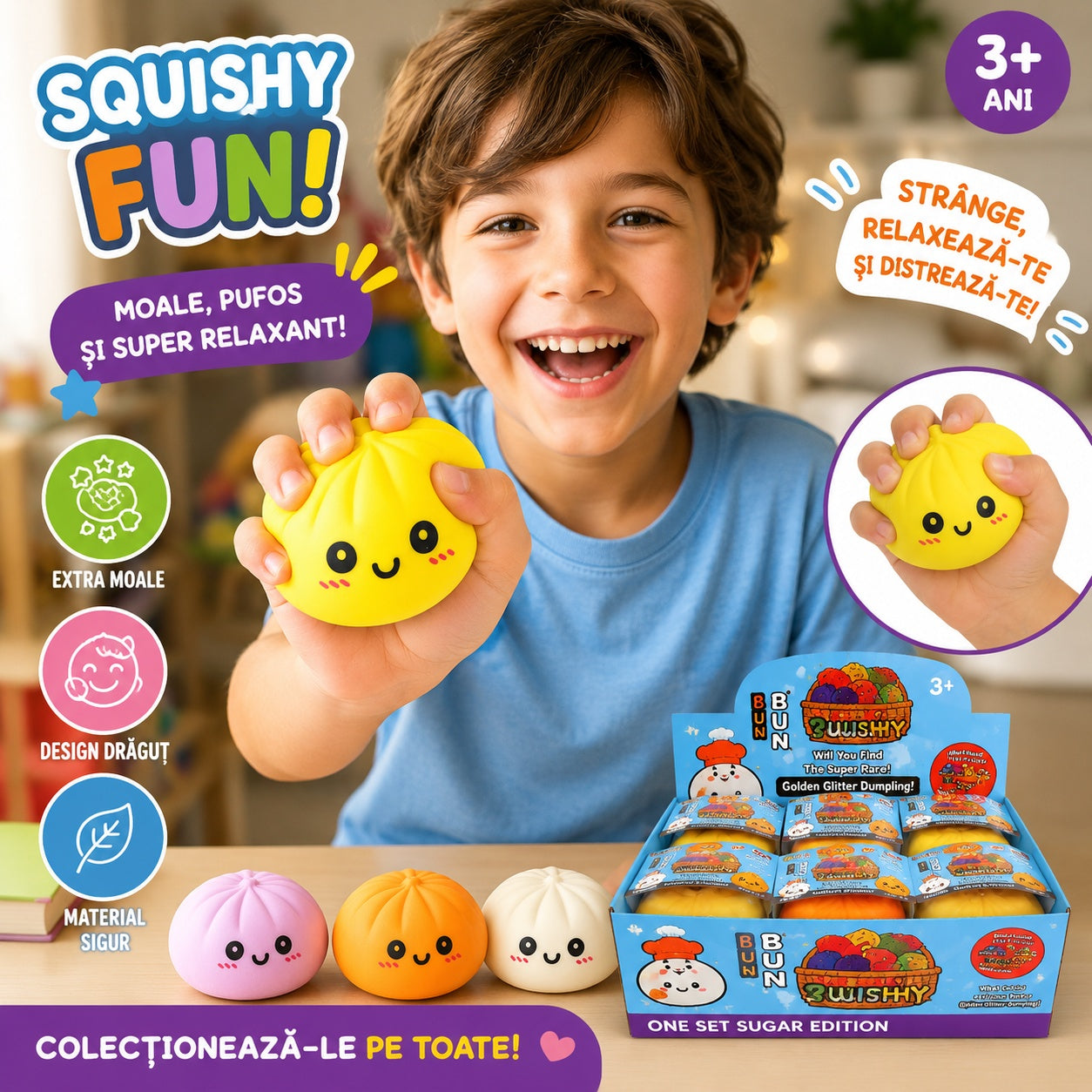 Jucărie Antistres Squishy Dumpling 8,5cm în Cutie Tip Bambus – Jucărie Antistres Moale pentru Copii