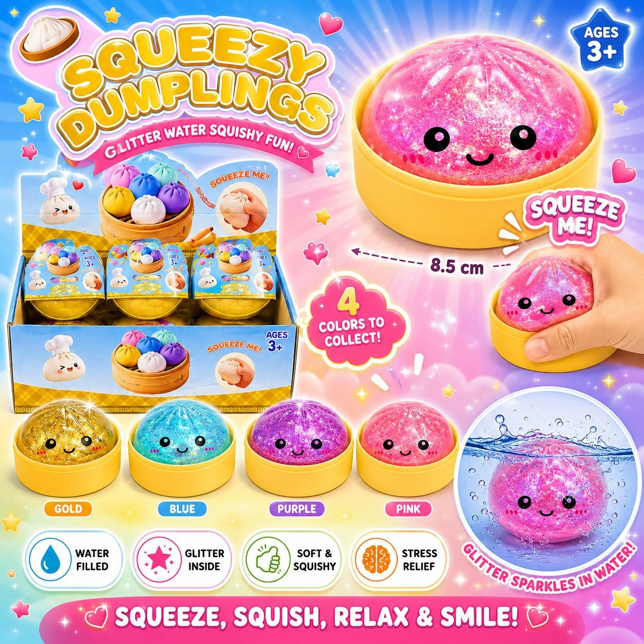 Jucărie Antistres Squishy Dumpling cu Apă și Sclipici 8,5 cm – Soft Squishy
