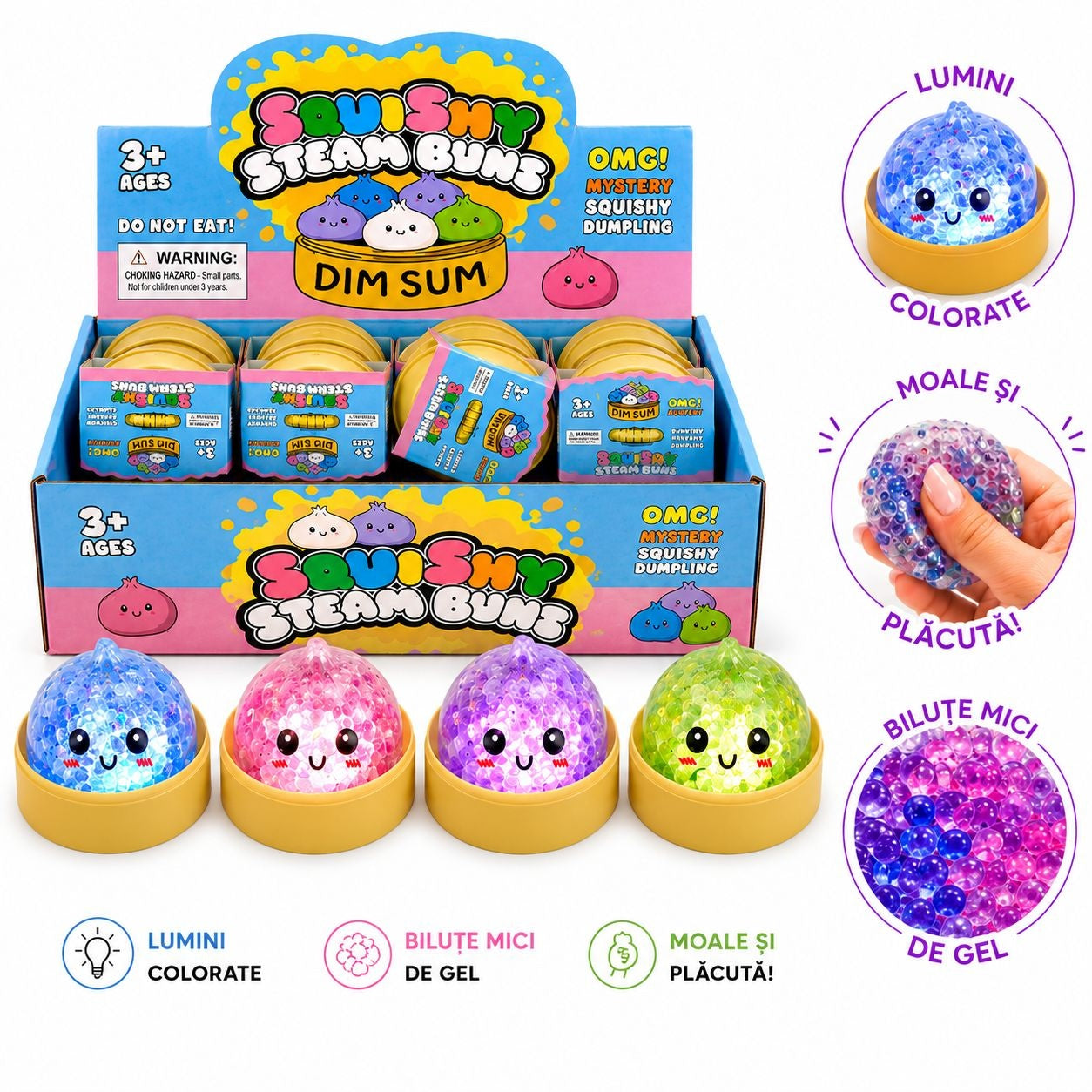 Jucărie Antistres Squishy Dumpling cu Bile din Gel, Sclipici și Lumini LED 5,5 cm