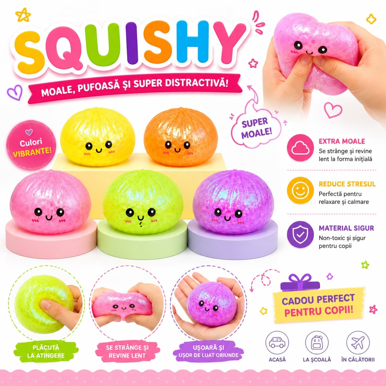 Jucărie Antistres Squishy Dumpling cu Bile din Gel și Sclipici 8.5 cm – Extra Moale