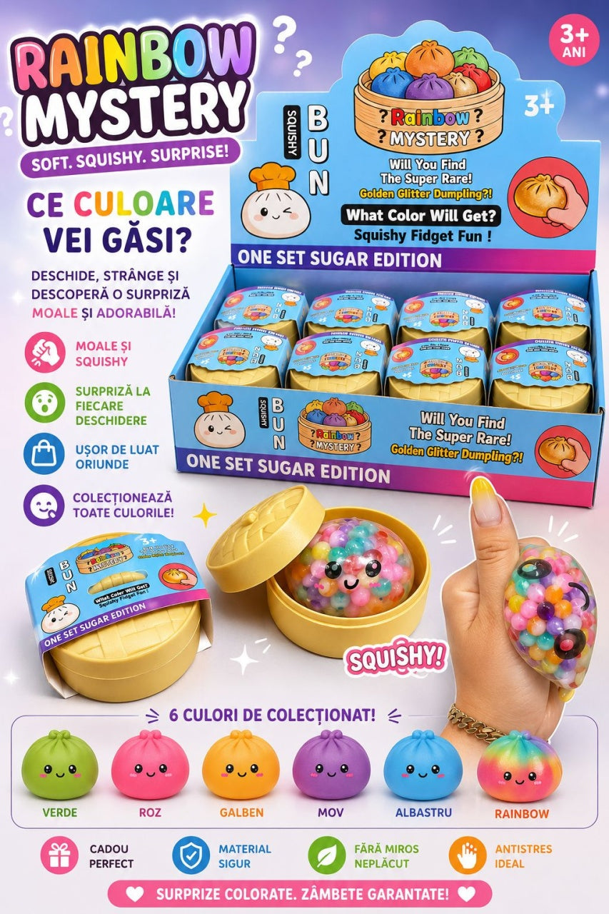 Jucărie Antistres Squishy Dumpling cu Bile Gel Colorate, 5 cm, Rainbow Mystery, Surpriză Colorată