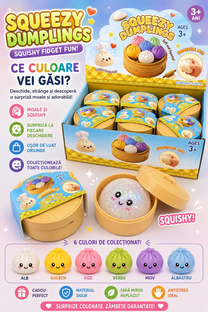 Jucărie Antistres Squishy Dumpling cu Bile Gel Colorate Mici, 8 cm, Surpriză Colorată