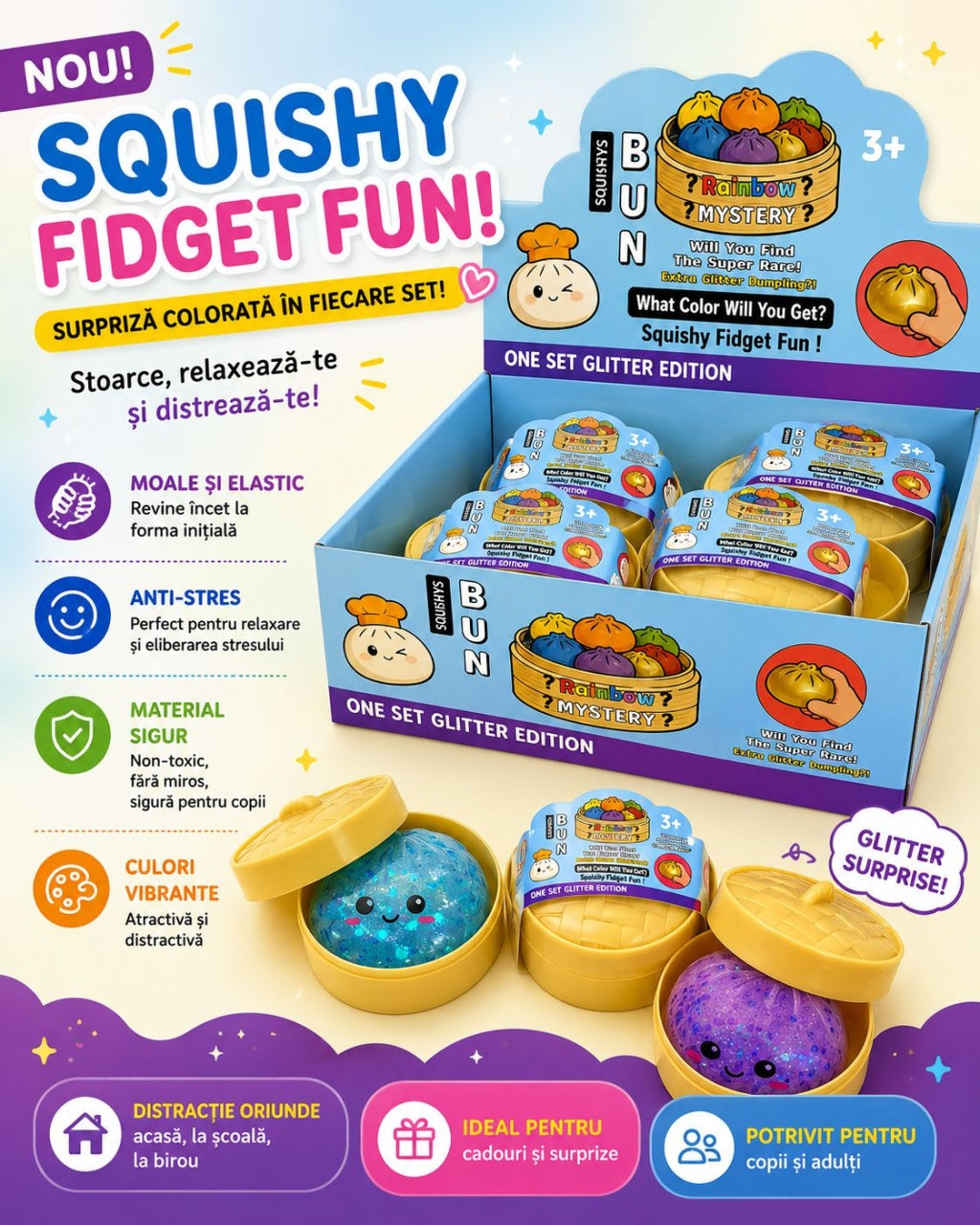 Jucărie Antistres Squishy Dumpling cu Bile Gel și Sclipici, 8 cm, Fidget Toy Surpriză Colorată