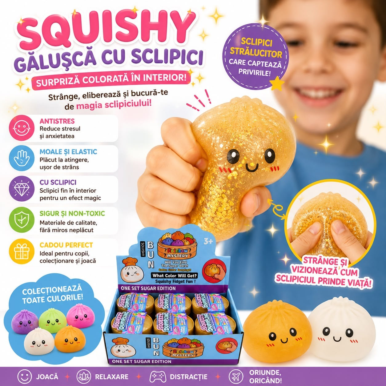 Jucărie Antistres Squishy Dumpling cu Fosfor și Sclipici, 8.5 cm, Model Aleatoriu, 3+ Ani