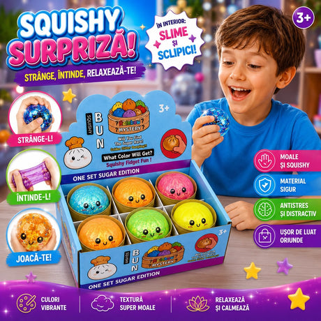 Jucărie Antistres Squishy Dumpling cu Gel și Sclipici, 8.5 cm, Model Aleatoriu, Moale și Elastică