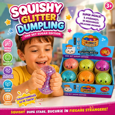Jucărie Antistres Squishy Dumpling cu Gel și Sclipici, 8,5 cm, Model Aleatoriu