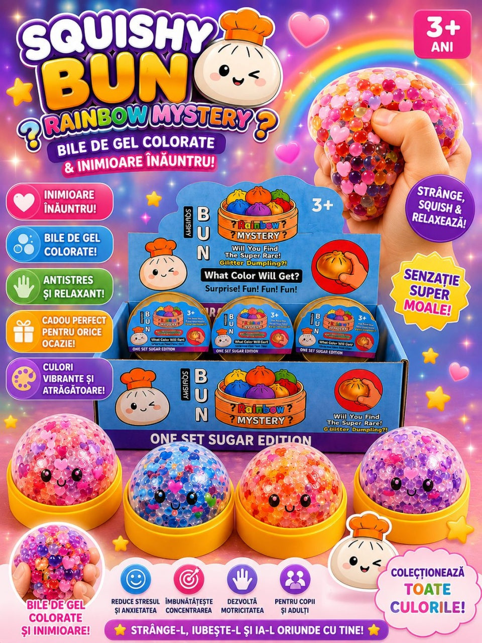 Jucărie Antistres Squishy Dumpling cu Inimioare și Bile Gel Colorate, 8.5 cm