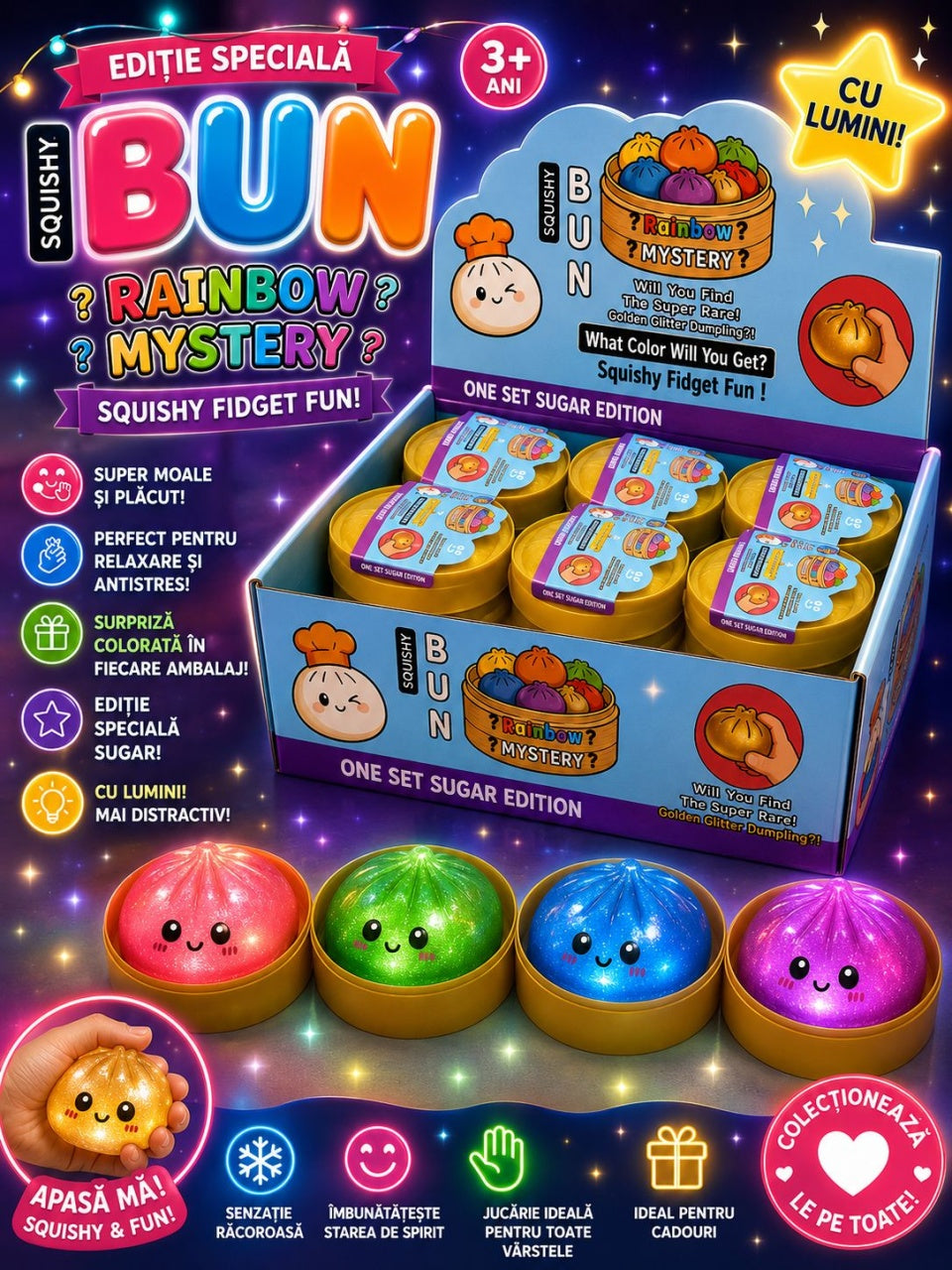 Jucărie Antistres Squishy Dumpling cu Lumini, 8cm – Rainbow Mystery Sugar Edition, 3+ Ani