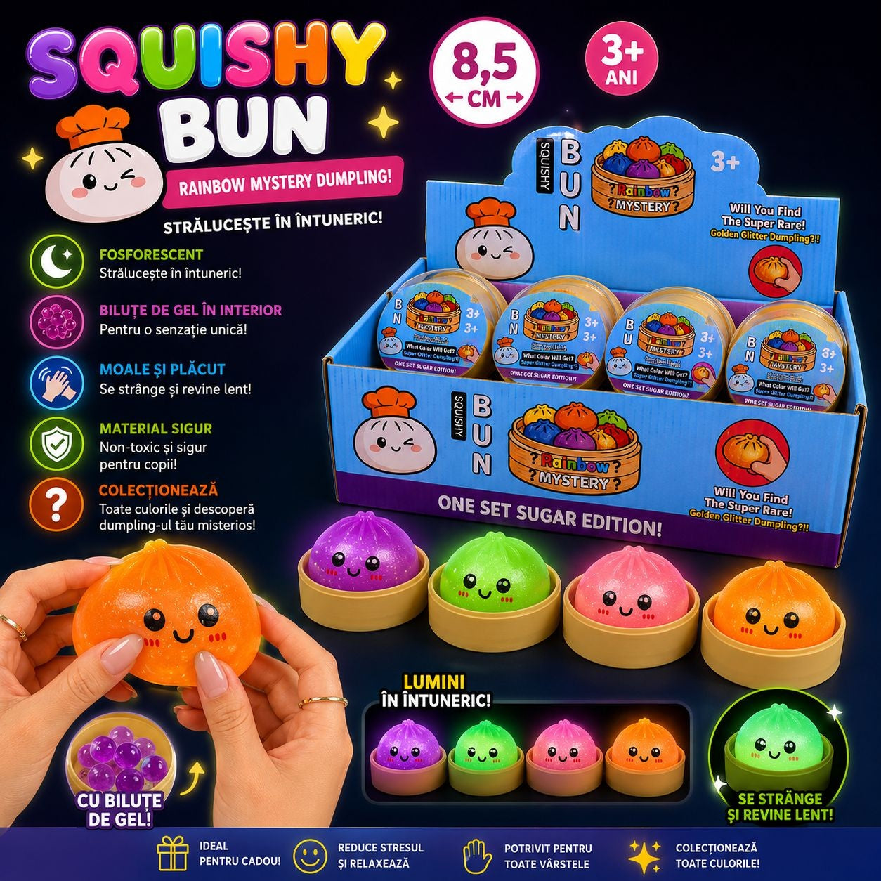 Jucărie Antistres Squishy Dumpling Fosforescent Colorat 8,5 cm – Glow in the Dark
