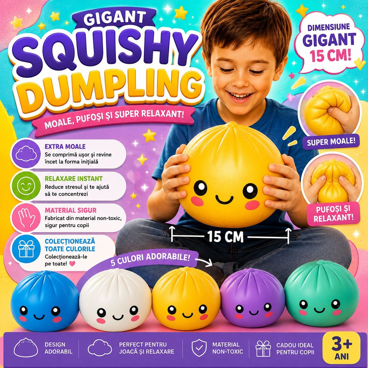 Jucărie Antistres Squishy Dumpling Gigant 15 cm – Extra Moale, Pufoasă, pentru Copii și Adulți