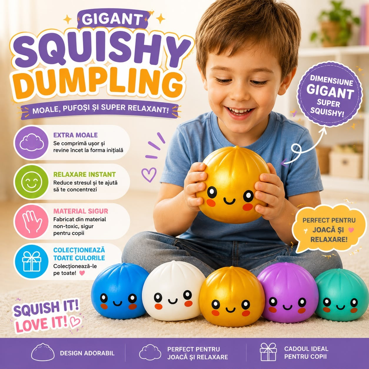 Jucărie Antistres Squishy Dumpling Gigant 15cm – Extra Moale, Elastică, Culoare Aleatorie