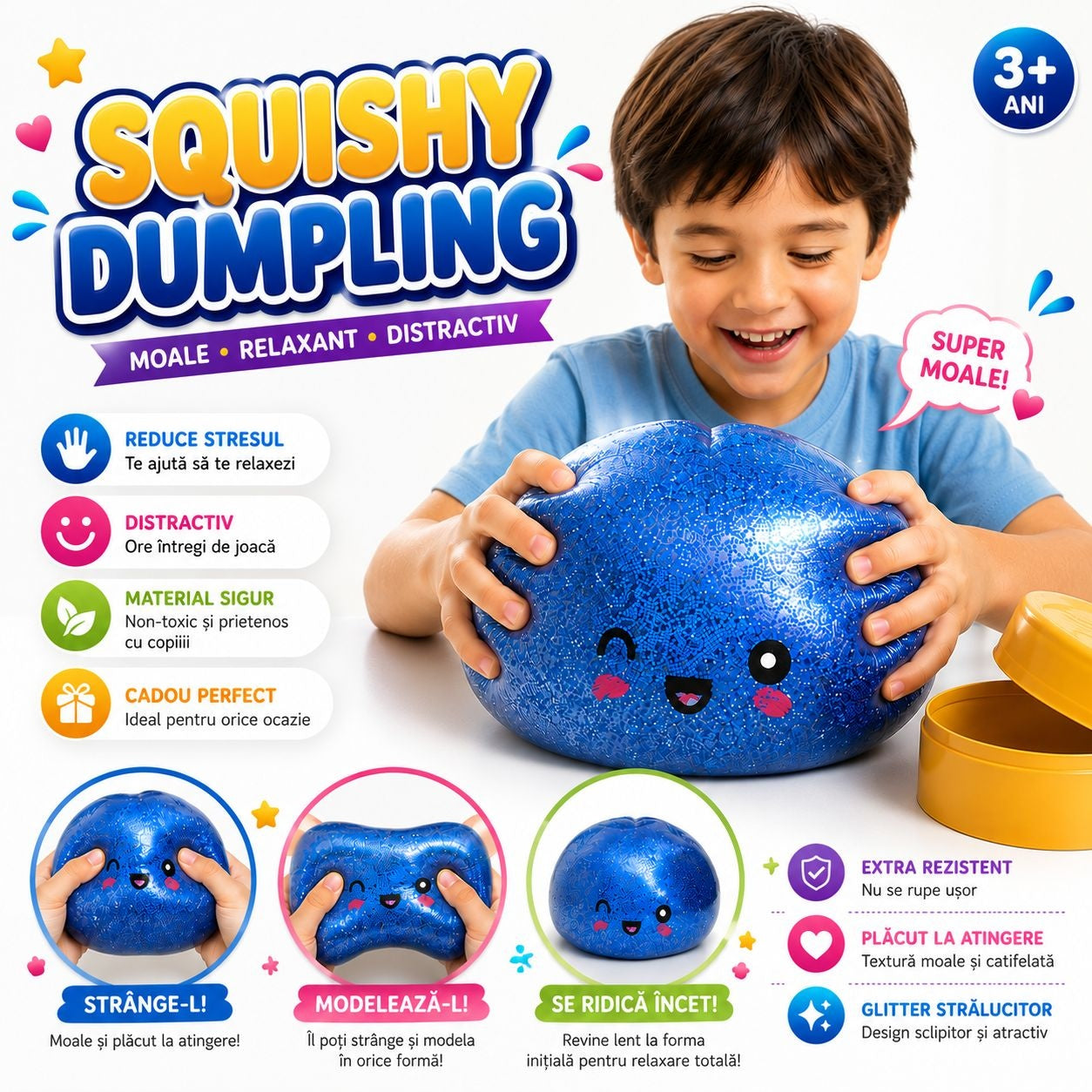 Jucărie Antistres Squishy Dumpling Gigant cu Glitter – Squishy Mare, Moale și Elastic