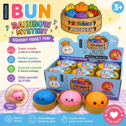 Jucărie Antistres Squishy Dumpling Rainbow Mystery, culori Neon 8 cm – Figurine Moi Surpriză, Model Aleatoriu, 3+ Ani
