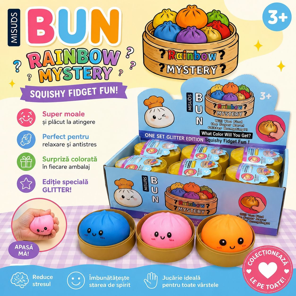 Jucărie Antistres Squishy Dumpling Rainbow Mystery, culori Neon 8 cm – Figurine Moi Surpriză, Model Aleatoriu, 3+ Ani