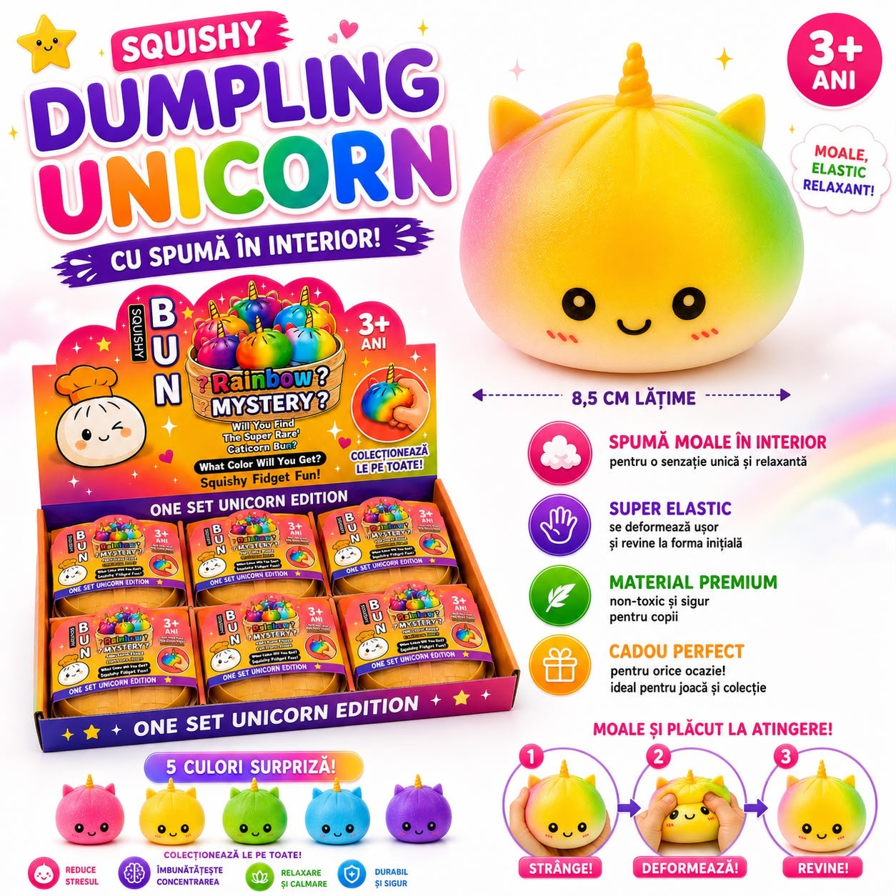 Jucărie Antistres Squishy Dumpling Unicorn cu Spumă în Interior, Culoare Aleatorie , 3+ Ani